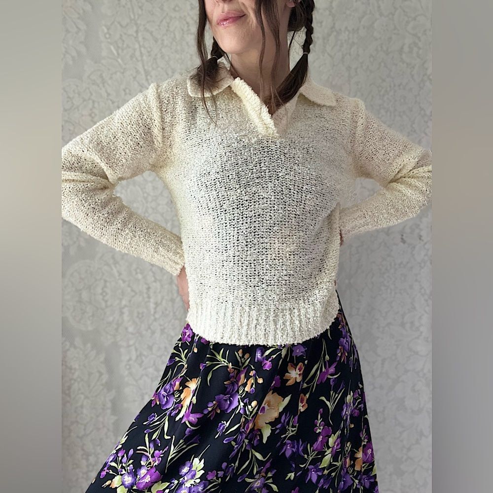 Vintage Golden Touch Bouclé Knit Collared Sweater – Cream Textured Pullover